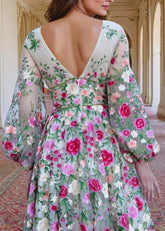 Nora | Elegant White Long Sleeve V Neck Flower Prom Dress - White Floral - PromDressClub